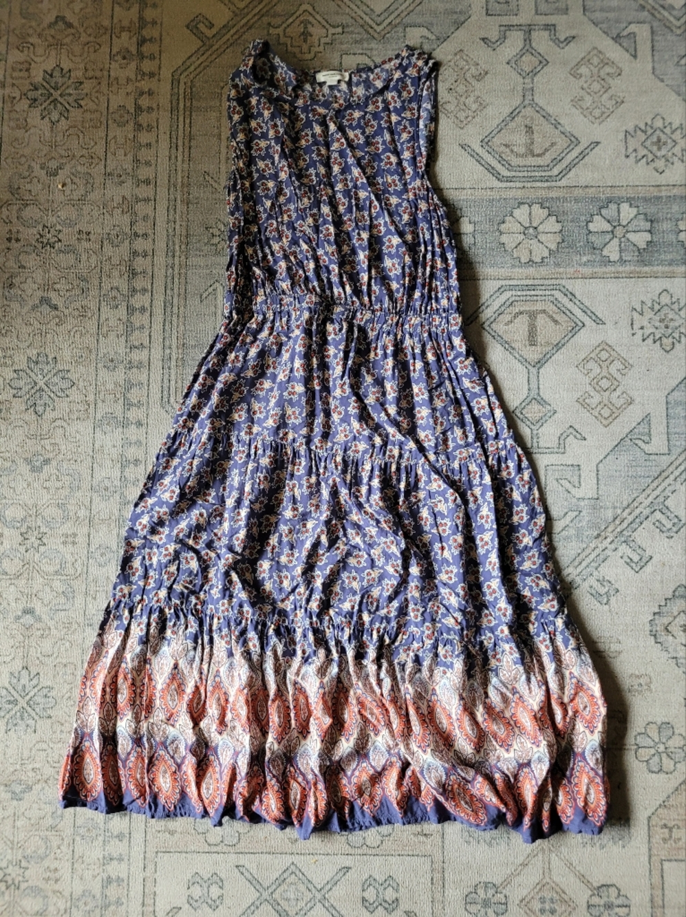Blue Floral Maxi Skirt with Peach Border